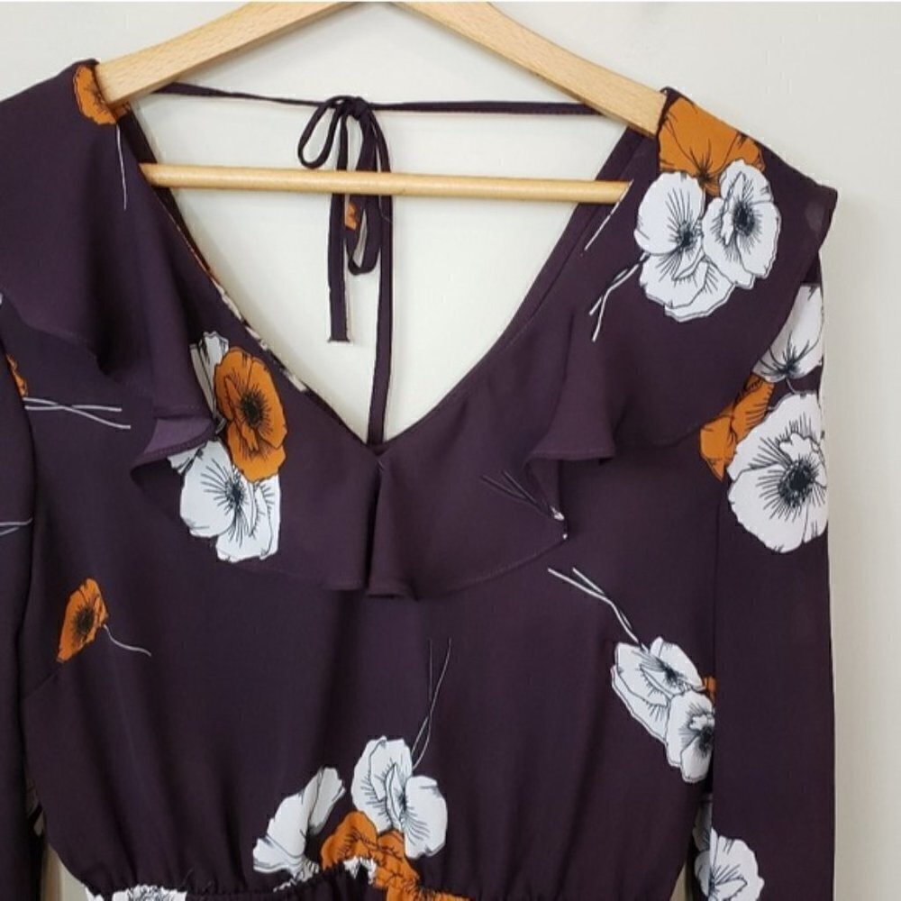 Cupcakes and Cashmere Deep Purple Floral Ruffle Long Sleeve Blouse Size Small - Picture 5 of 7